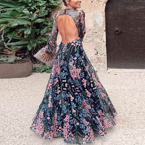 Belinda - Vintage Floral Backless Maxi Dress